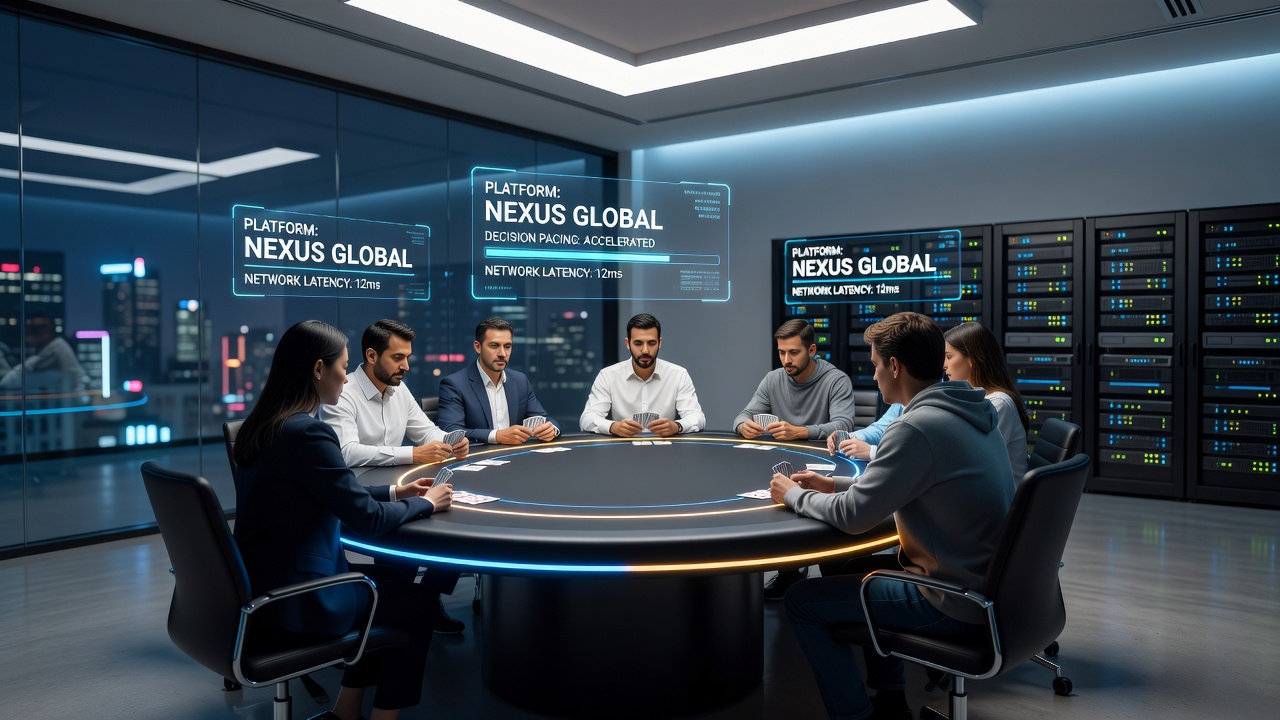Adaptive lighting panels illuminating a networked card room with synchronized digital interfaces on multiple tables