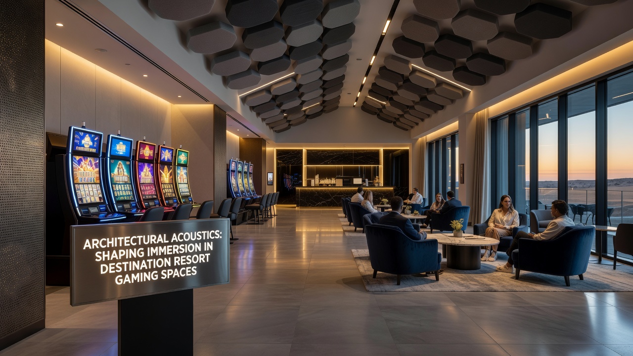 Interior view of a destination resort casino floor with layered acoustic panels and zoned sound environments