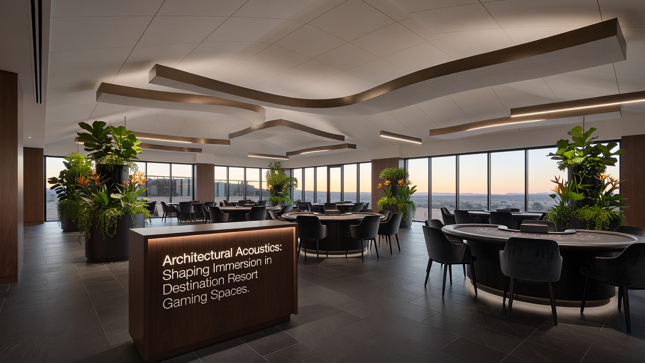 Detailed shot of acoustic ceiling treatments and zoned speaker placement in a high-limit gaming lounge