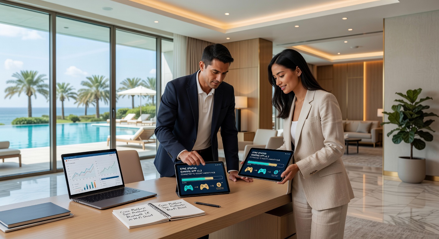 High-end resort amenities receiving updates from synchronized gaming apps via geofencing and API connections