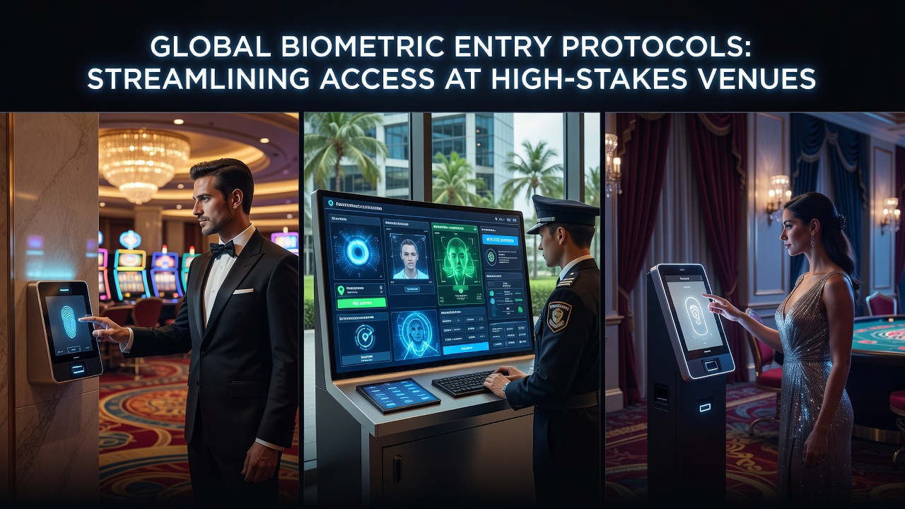 Biometric scanners integrated into casino entry gates at a high-stakes gaming venue in Asia