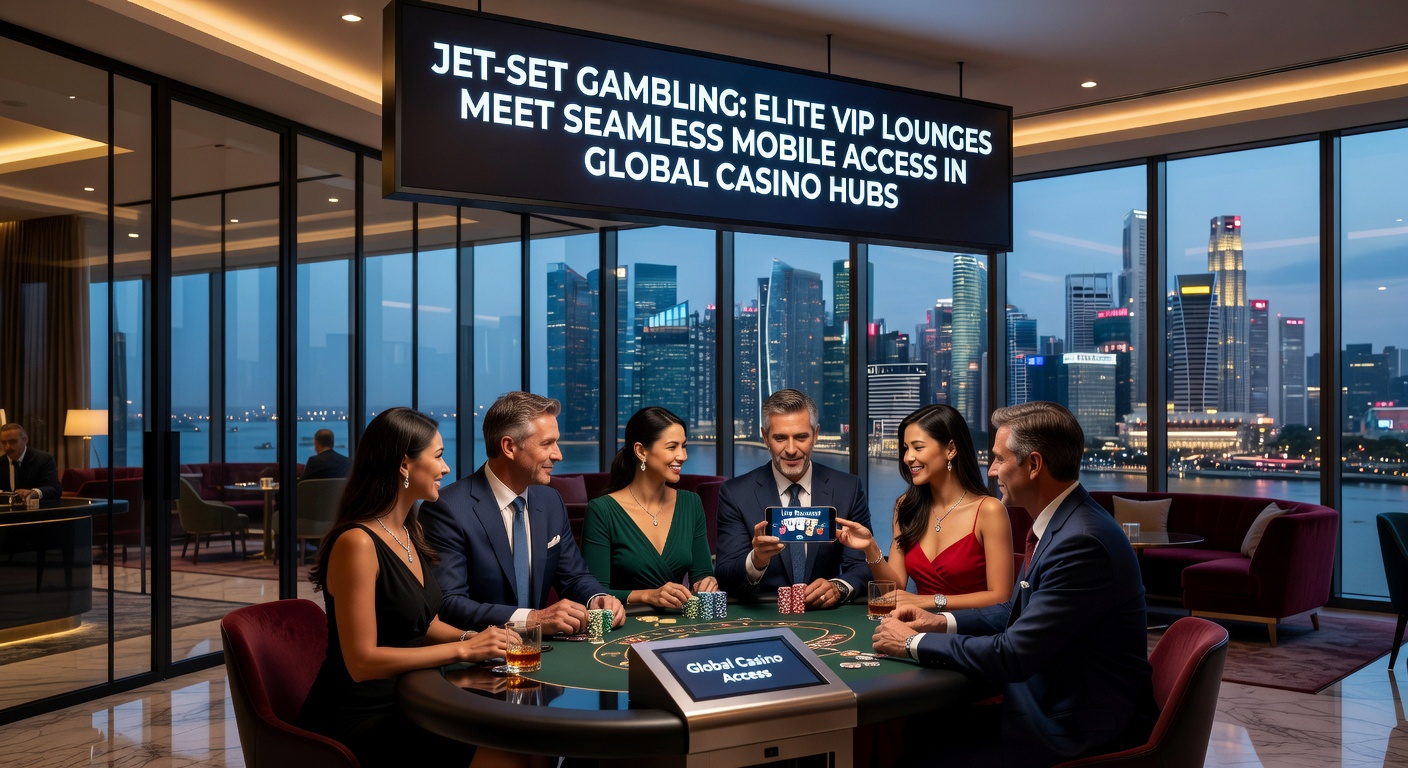 Luxurious VIP lounge interior in a global casino hub with plush seating, private gaming tables, and high-tech mobile interfaces glowing on screens