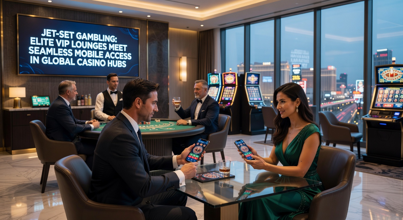 High-roller using mobile app in a lavish casino VIP lounge, screen showing synchronized live table game with global betting options