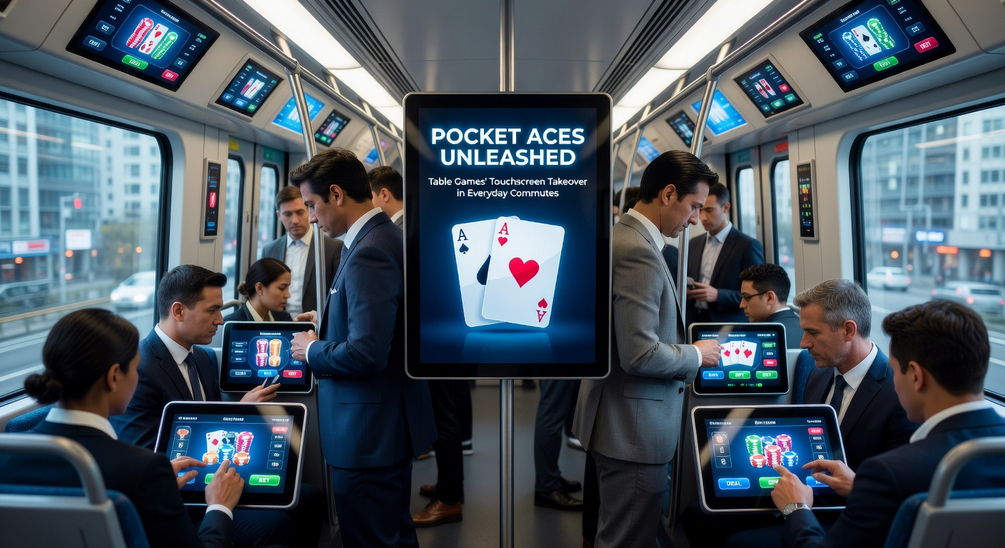 Commuters on a crowded subway train tapping away at touchscreen blackjack games on their smartphones, turning rush hour into a high-stakes shuffle.