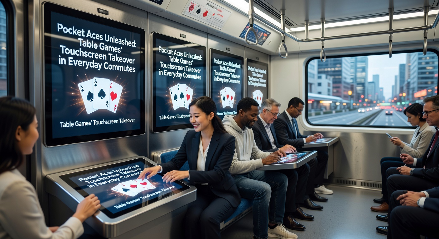 Close-up of a touchscreen roulette wheel spinning on a tablet held by a commuter, with virtual chips stacking up amid urban blur outside the window.