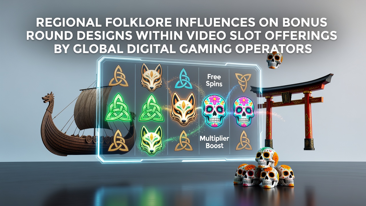 Illustration of folklore motifs integrated into video slot bonus round interfaces across different regions