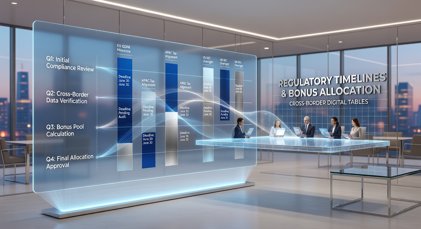 Regulatory compliance dashboard displaying bonus allocation timelines across multiple jurisdictions