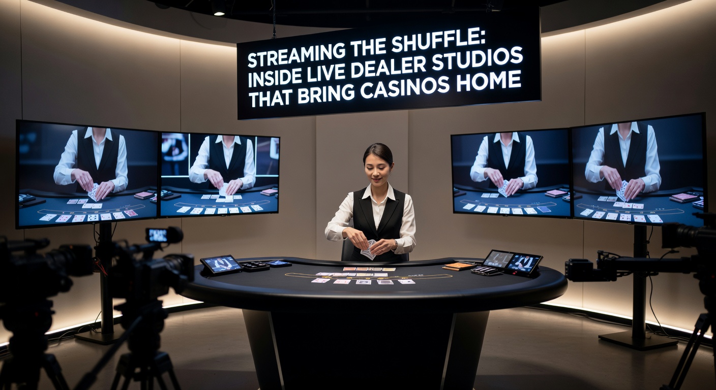 A bustling live dealer studio with multiple roulette tables and professional dealers shuffling cards under bright lights, capturing the high-energy atmosphere of a real casino floor
