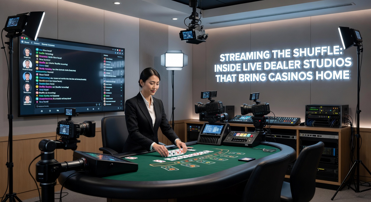 Close-up of advanced studio tech with multi-camera rigs focused on a blackjack table, RFID chips glowing under infrared lights, and monitors displaying live player bets
