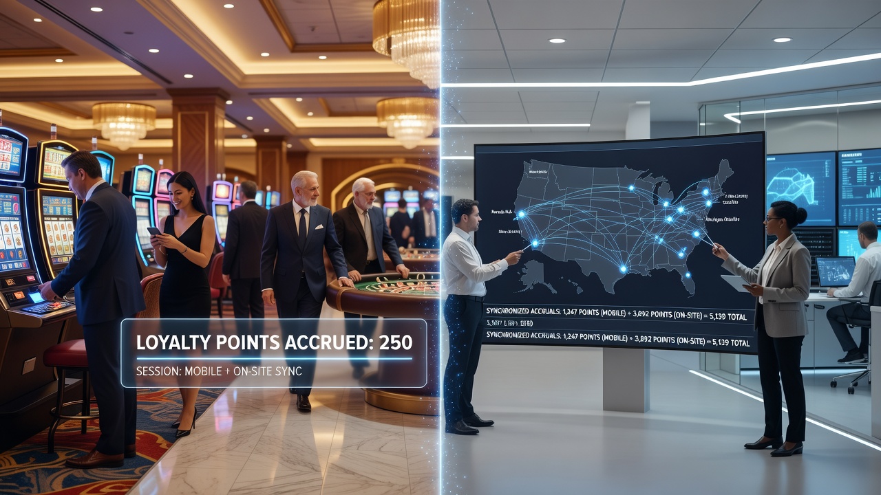 Player using mobile app while inside casino resort with loyalty points updating on screen