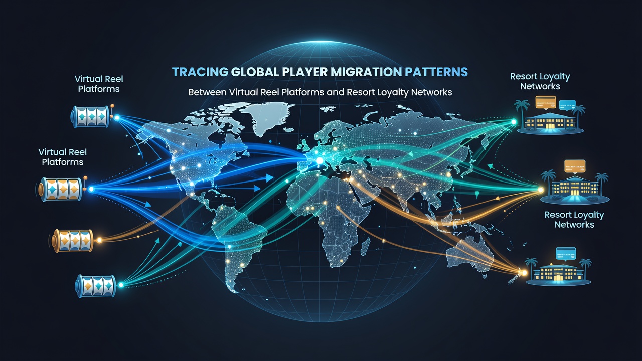 Global map overlay showing player movement between online slot platforms and land-based casino resorts with loyalty network connections highlighted in different regions