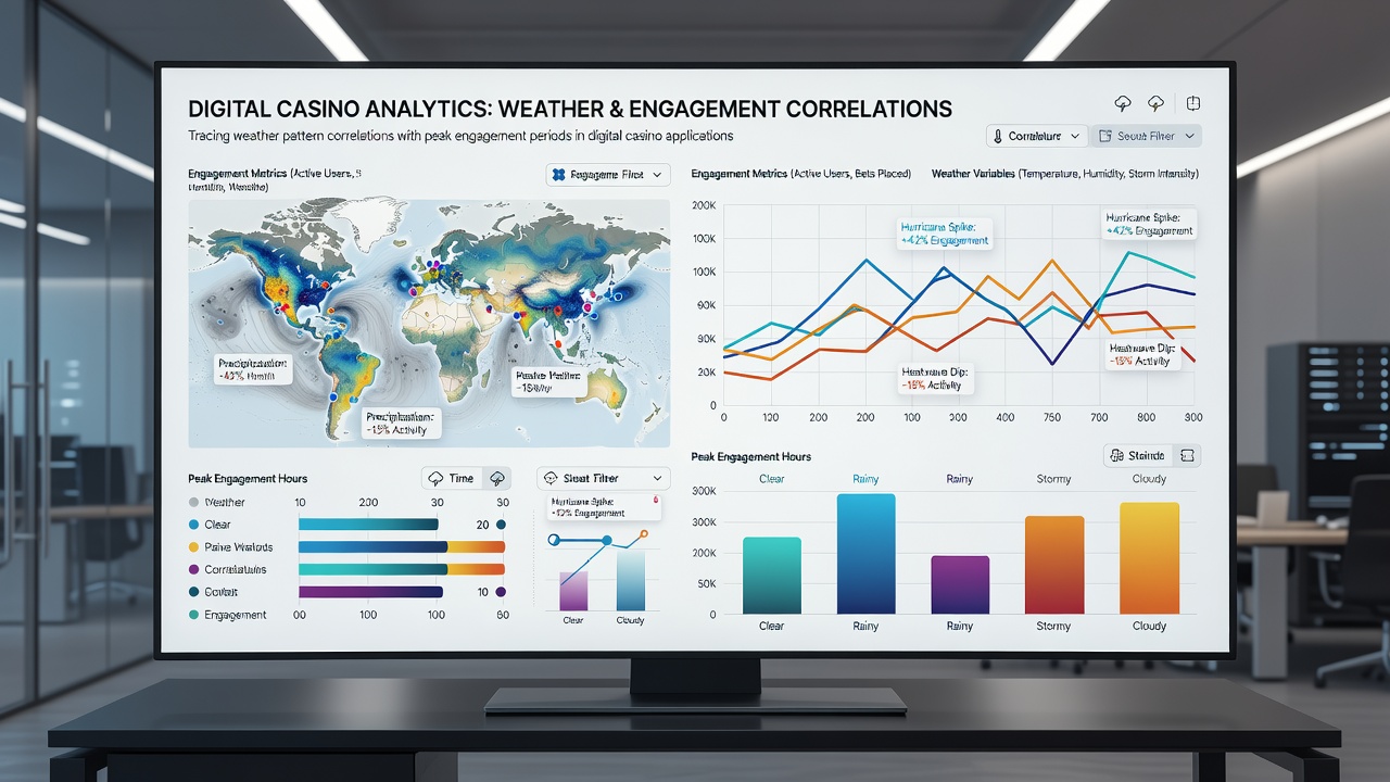 Mobile app interface screenshots overlaid on weather radar during peak engagement windows