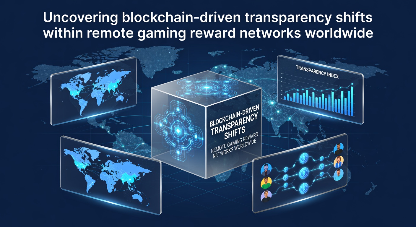 Blockchain ledger visualization showing transparent reward tracking across global remote gaming networks